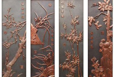 梅蘭竹菊紫銅浮雕裝飾畫(huà)